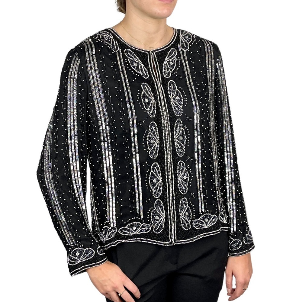 VINTAGE SILK BEAD SEQUIN SPARKLE HOLIDAY EVENING JACKET JEANNE for JOSEPH LE BON
